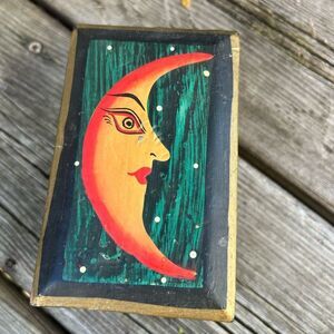 Artistic Moon Face Box Trinket Decor - Orange and Green- Whimsy Goth 90s Vintage